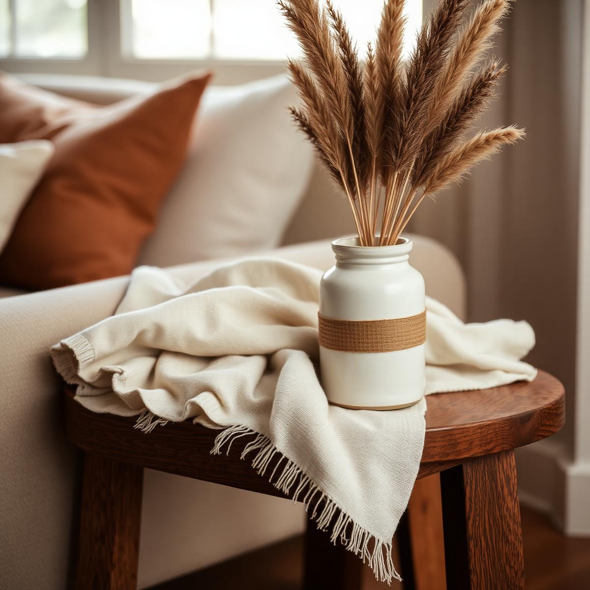 A warm home interior with linen textures and dried grasses in a ceramic vase