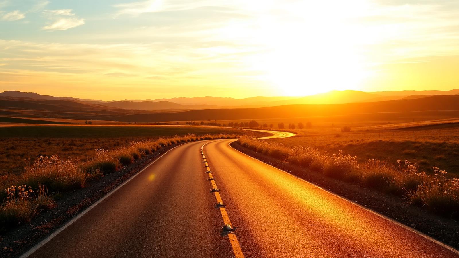 An open road at golden hour curving toward distant hills